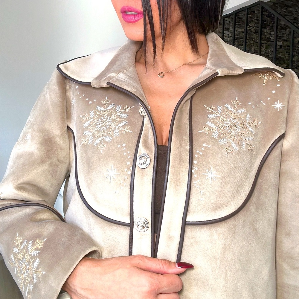 Golden Velvet Coat with Embroidered Snowflakes.